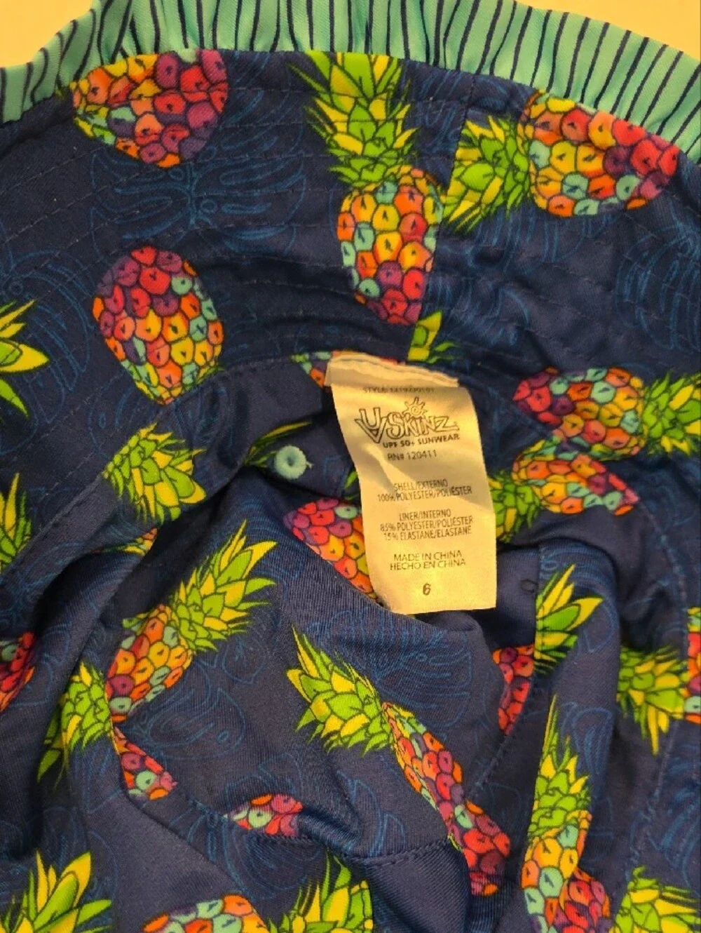 Girls Navy Pineapple Print Rash Guard Set with Sun Hat